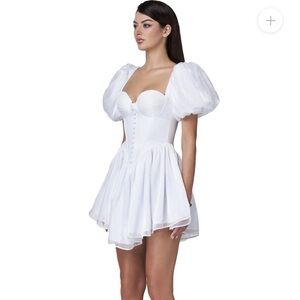 Adeirlina White Bridal Mini Dress with Pearl Shimmer and Puff Sleeves